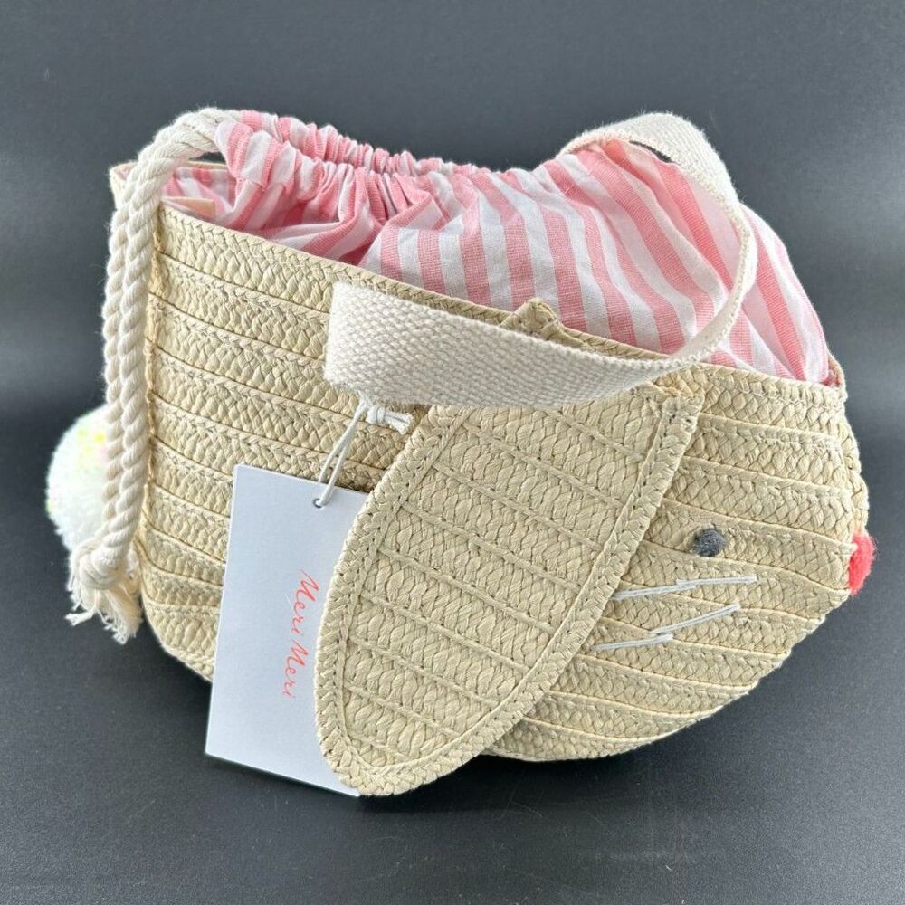 MeriMeri Straw Bunny Purse Cotton Lining Draw Sting Closure12"L x 6.5"H x 5"W - Picture 4 of 10